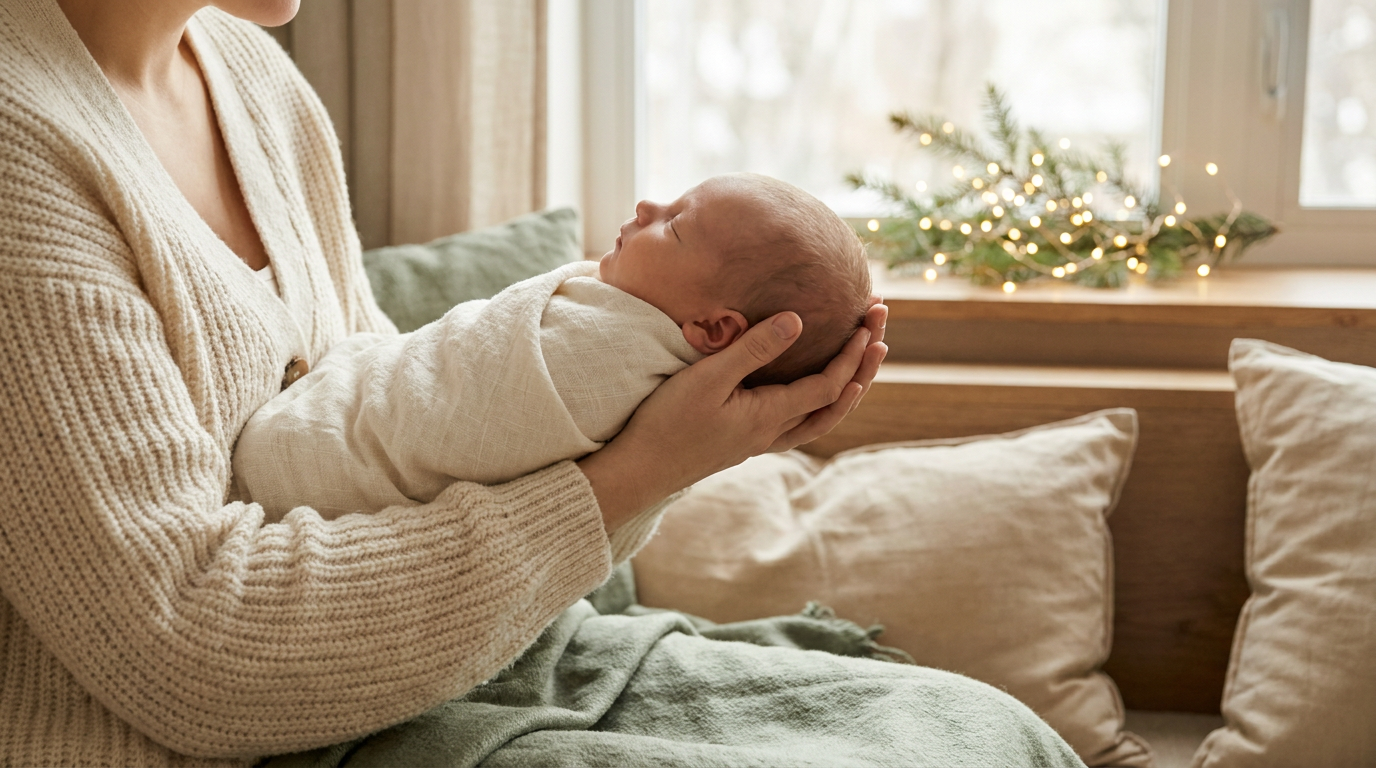 Une maman berce son bébé emmailloté — illustration